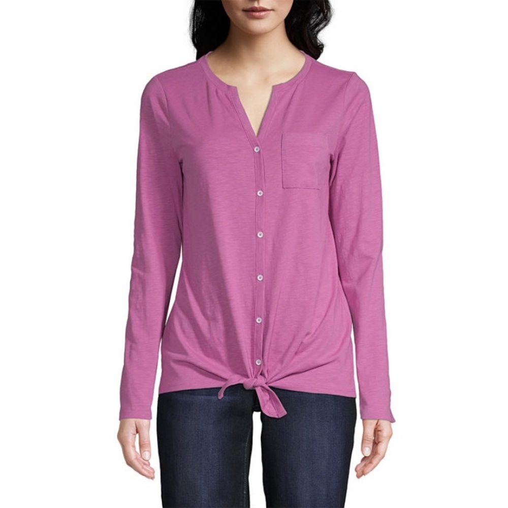NWT St. John’s Bay L/S Y-Neck Tie Front Top - Tall